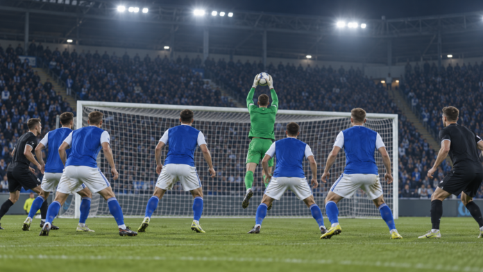 Illustration éditoriale neutre d'une défense de football sous les projecteurs