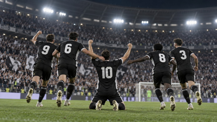 Illustration éditoriale neutre d'une célébration de football dans un stade italien