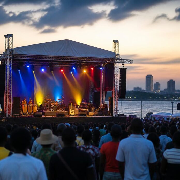 Scène de concert en extérieur avec public, instruments sur scène, éclairage coloré au coucher du soleil
