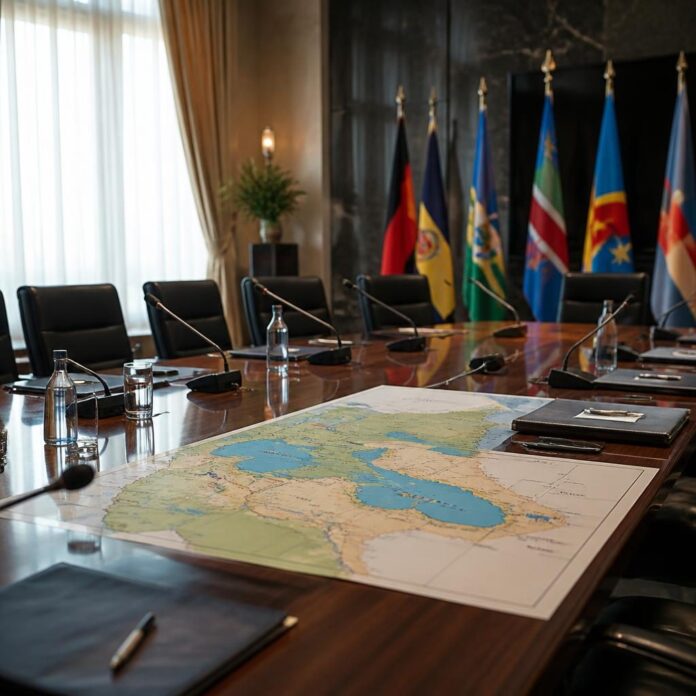 Salle de conférence diplomatique avec table en bois, microphones, documents et carte de la région des Grands Lacs, sans personne