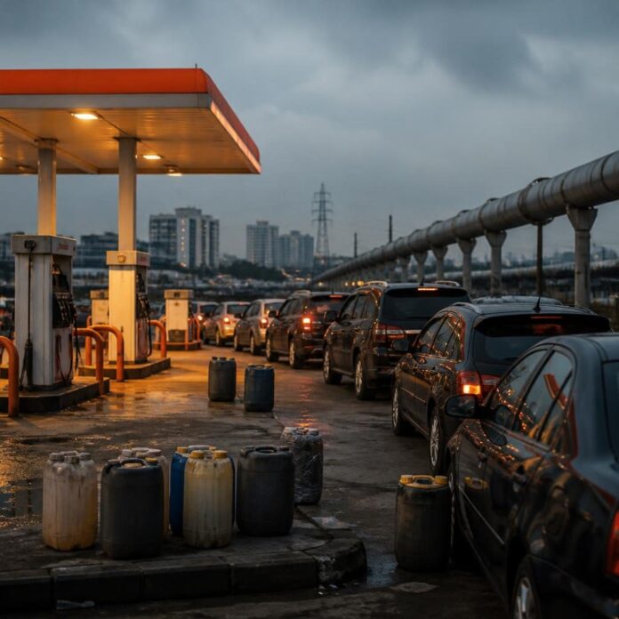 Des véhicules alignés devant une station-service de Kinshasa, avec des jerricans au sol, dans une ambiance de forte demande de carburant