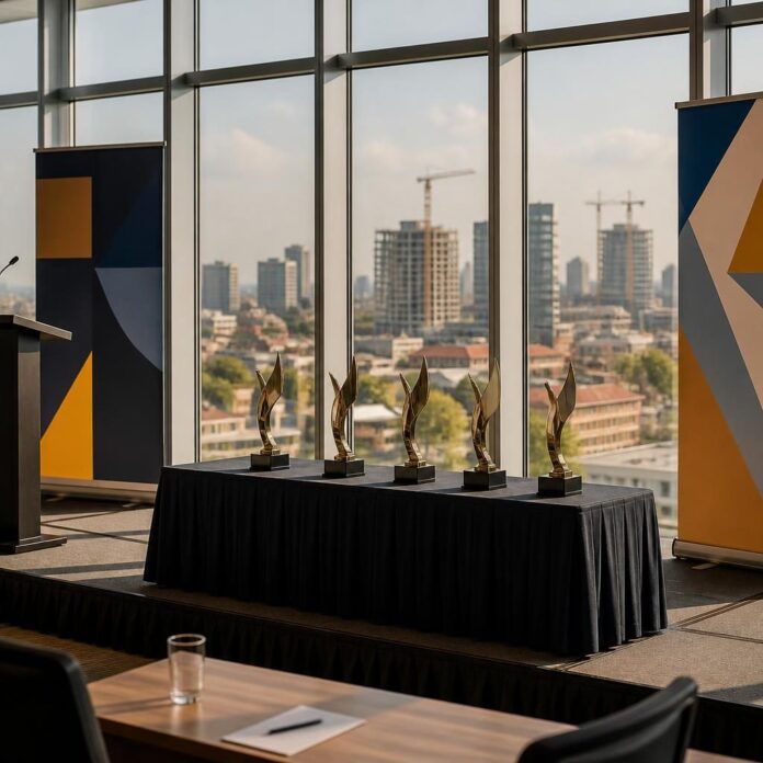 Salle de conférence à Kinshasa avec trophées et affiches du Trophée Tombwama
