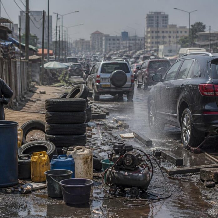 Installations de fortune de lavage et de réparation de véhicules occupant le bord d’une avenue encombrée à Kinshasa