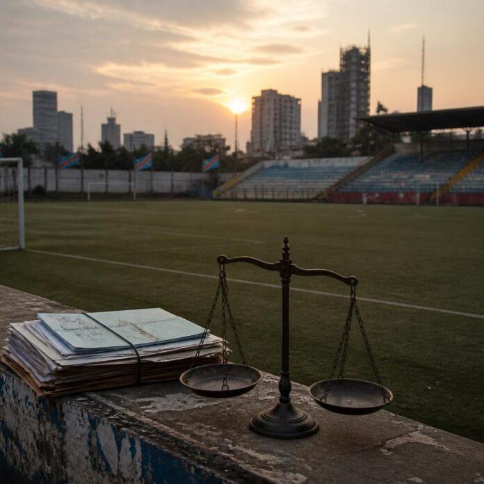Joueur de football de dos en tenue verte et noire sur un terrain urbain à Kinshasa, ballon au sol et tribunes en arrière-plan