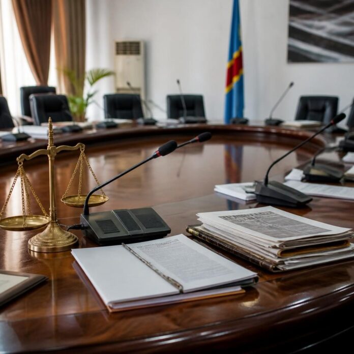 Table ronde en bois avec micros, dossiers et une balance de la justice en métal doré