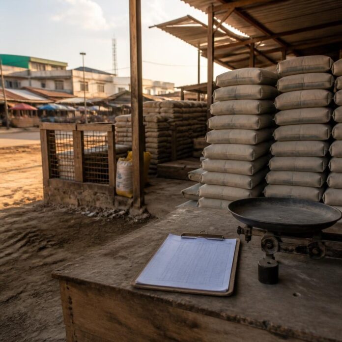Sacs de ciment gris empilés dans un dépôt à Kisangani, ambiance de marché