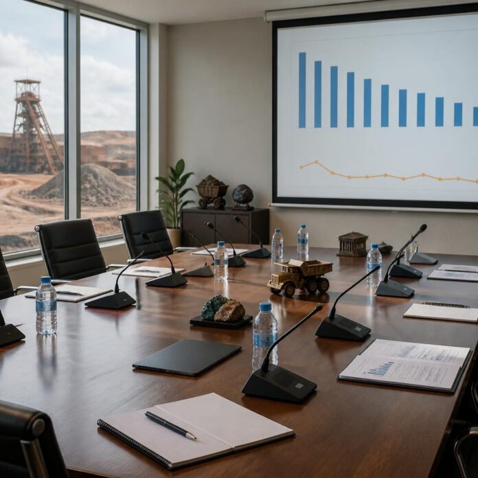 salle de réunion avec table en bois, chaises, microphones, bouteilles d'eau, carnets et graphique projeté