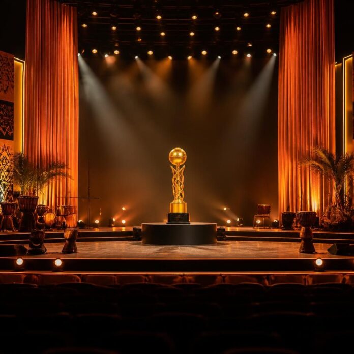 Trophée doré sous les projecteurs lors d'une cérémonie de musique africaine