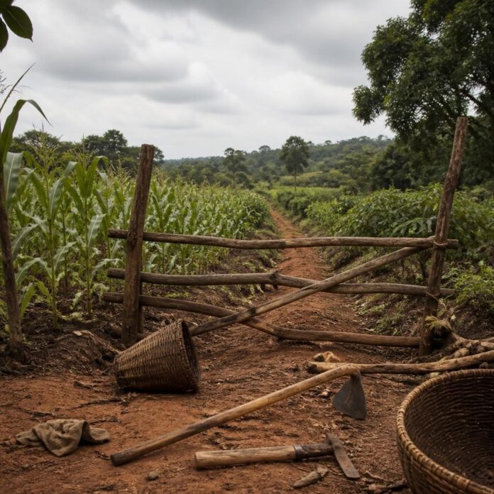 chemin de terre entre des cultures avec des outils agricoles et un portail en bois