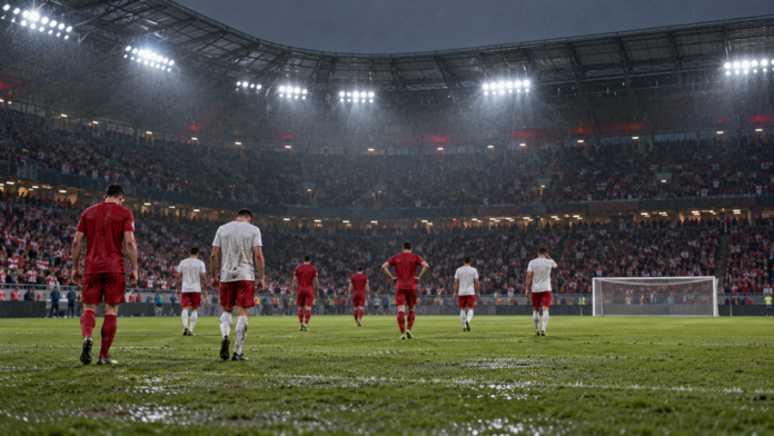 Illustration éditoriale neutre d'un match de football européen sous la pluie