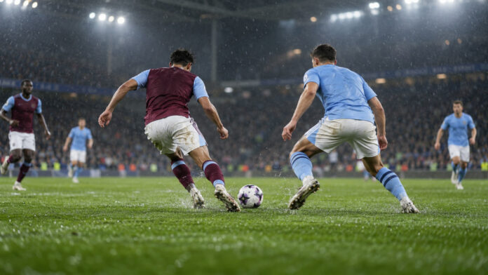 Illustration éditoriale neutre d'un match de football français sous éclairage nocturne