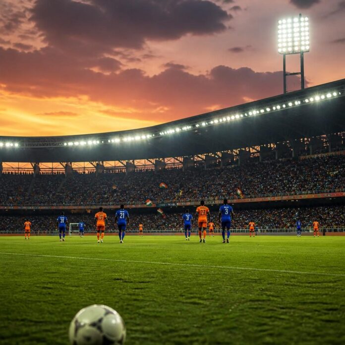 vue d'un match de football au coucher du soleil avec joueurs en orange et bleu, stade plein et ballon au premier plan