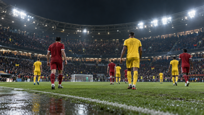 Illustration neutre d'un match de football européen sous la pluie