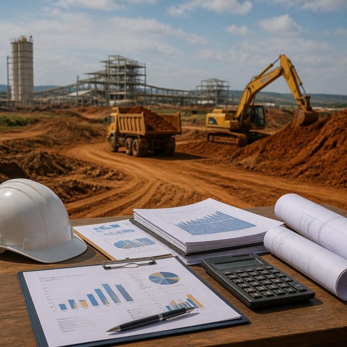 chantier avec engins, documents de travail, casque de sécurité, calculatrice et plans roulés sur une table