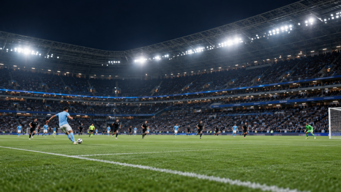 Illustration neutre d'une action de football dans un grand stade en soirée