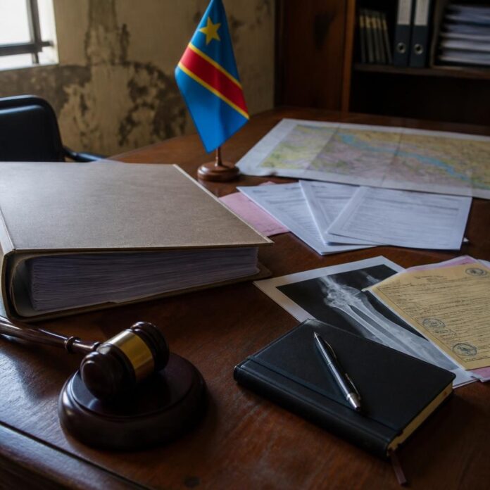 Des documents et témoignages disposés sur une table, évoquant le rapport de la Coalition Article 64 sur la marche du 15 septembre à Kinshasa