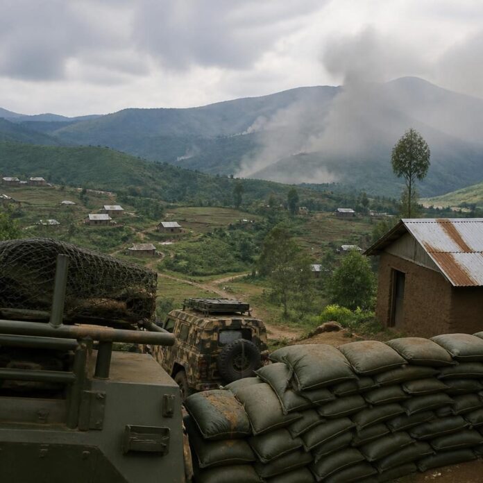 Positions militaires et collines verdoyantes du Masisi, avec fumée au loin près de Ngungu, au Nord-Kivu
