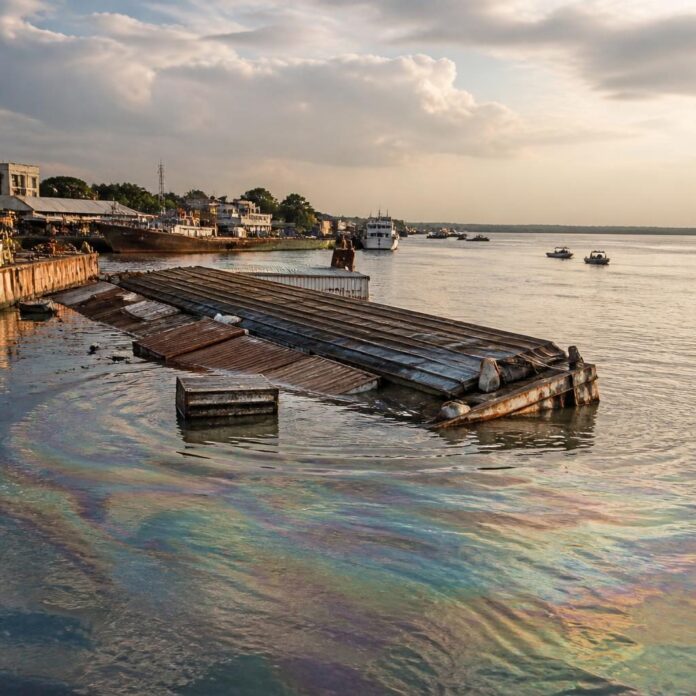 Barge échouée et nappe d'huile de palme sur le fleuve Congo près du port Général Kalume à Kinshasa