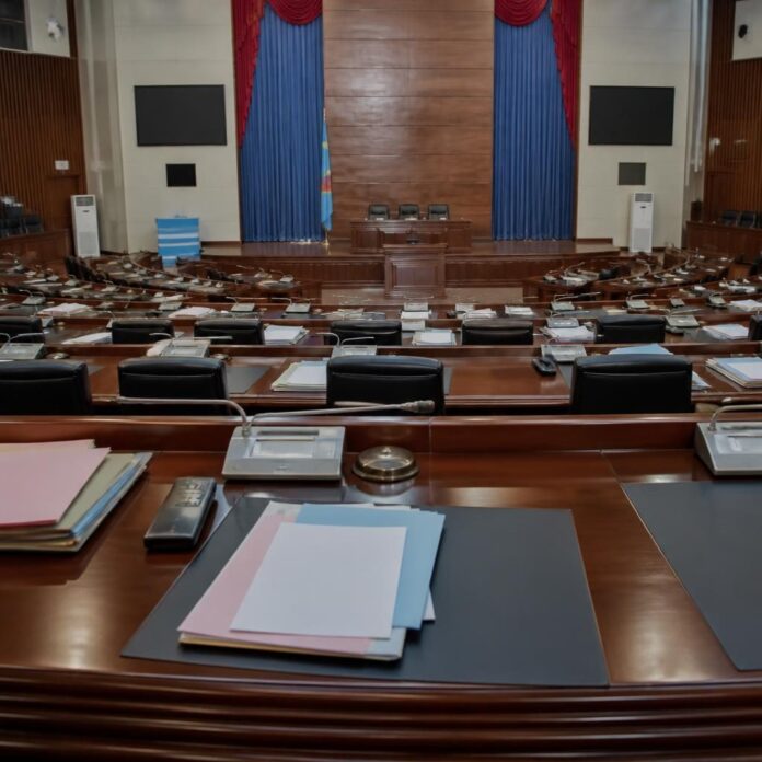 grande salle de réunion avec tables, chaises, dossiers empilés et deux écrans noirs fixés au mur