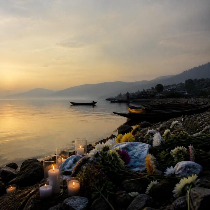 Vue du lac Kivu près de Goma avec des embarcations et une rive de marché