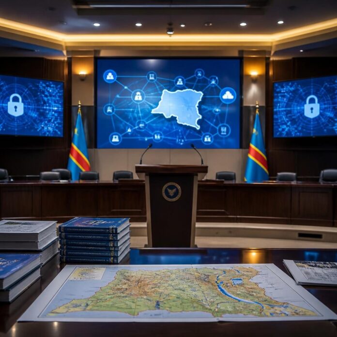 Écrans d’ordinateurs, documents officiels et symboles de cybersécurité illustrant la digitalisation des services publics en RDC