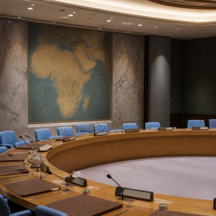 salle de réunion avec table ovale, chaises bleues et grande carte murale de l'Afrique