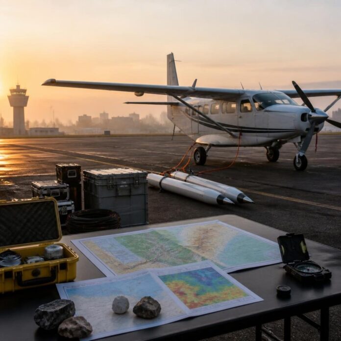 Avion de cartographie géophysique et appareils de mesure sur le tarmac de l’aéroport de Ndolo à Kinshasa