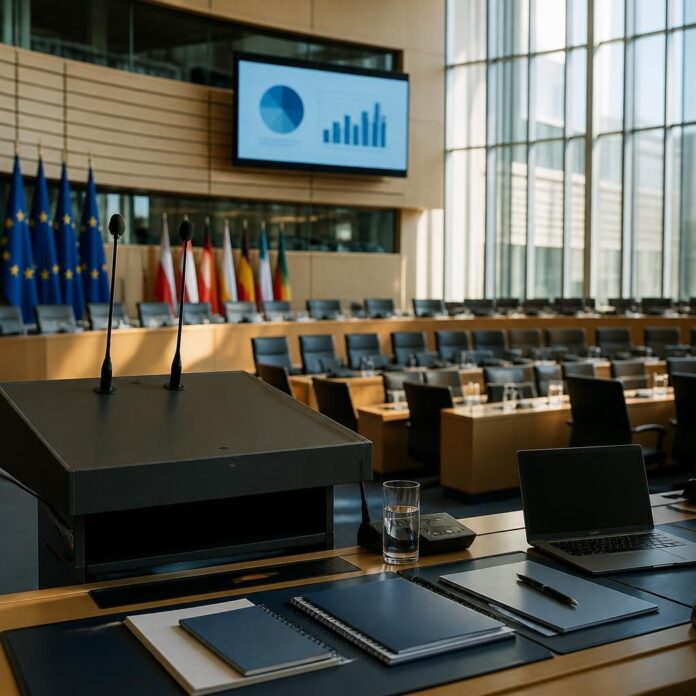 Salle de conférence internationale avec délégués, écrans et documents lors du forum EuropAfrica à Bruxelles