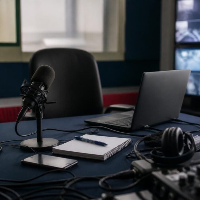 Micro et ordinateur portable sur une table de studio, ambiance de débat politique en direct
