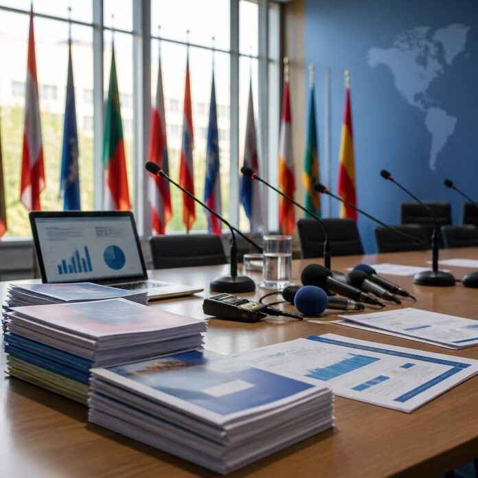 Salle de conférence de presse avec micros et documents humanitaires, ambiance de briefing international sans visages