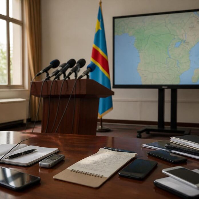 Podium et micros dans une salle de débat à Kinshasa avec un drapeau de la RDC en arrière-plan