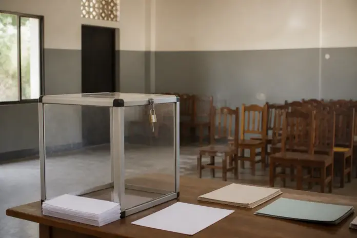 Illustration d’une urne transparente et de documents sans inscriptions dans une salle de vote.