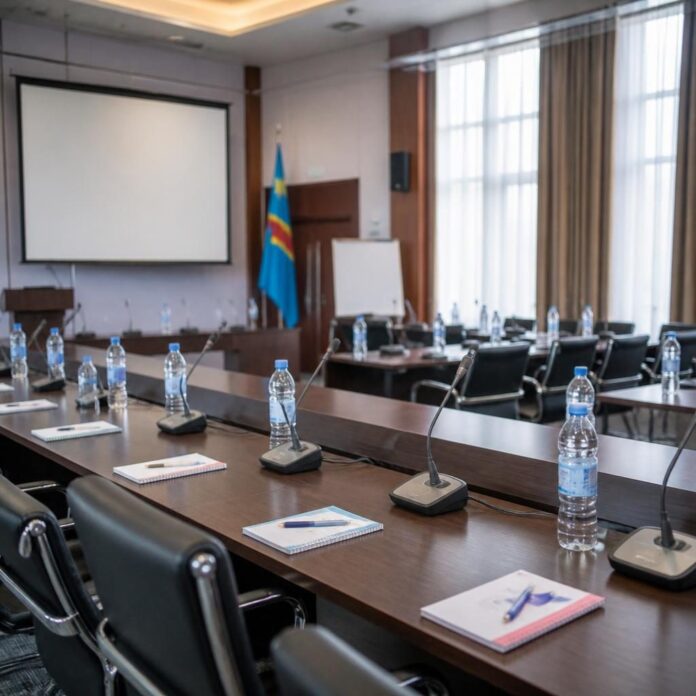 Salle de conférence à Kinshasa avec tables, micros, documents et participants lors d'une réunion sur le recensement