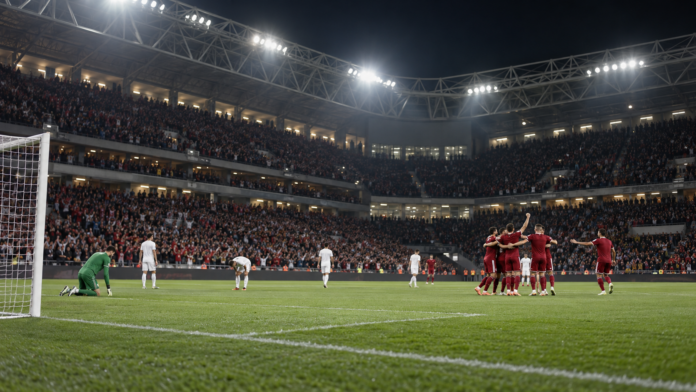 Illustration neutre d'une équipe de football célébrant dans un stade