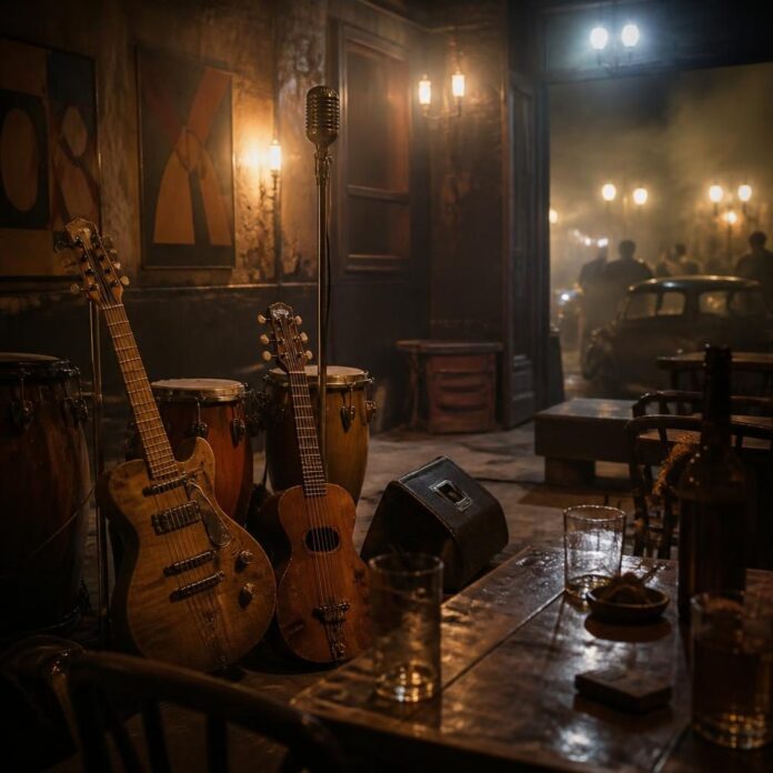 Ambiance nocturne d’un club de rumba à Léopoldville dans les années 1950, instruments et silhouettes non identifiables