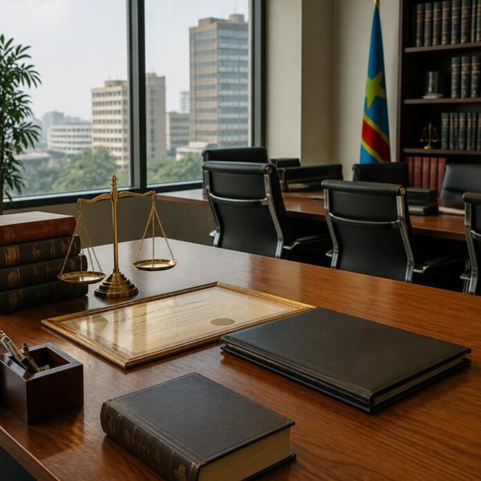 Façade du Barreau de Kinshasa-Gombe avec des documents juridiques et un diplôme posé sur une table