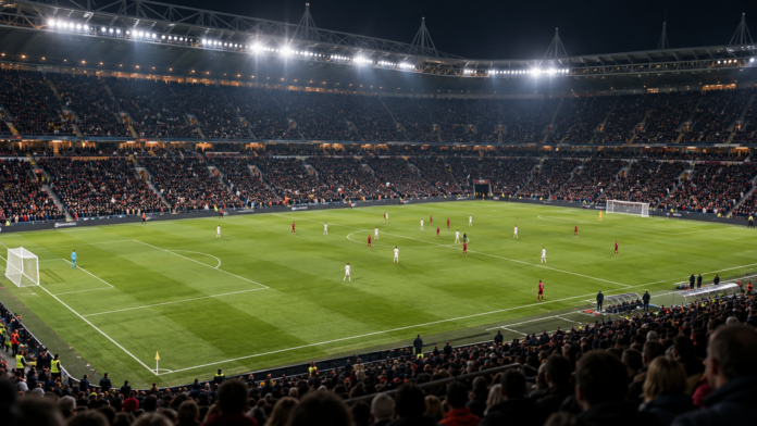 Illustration neutre d'un match de football européen disputé sous les projecteurs