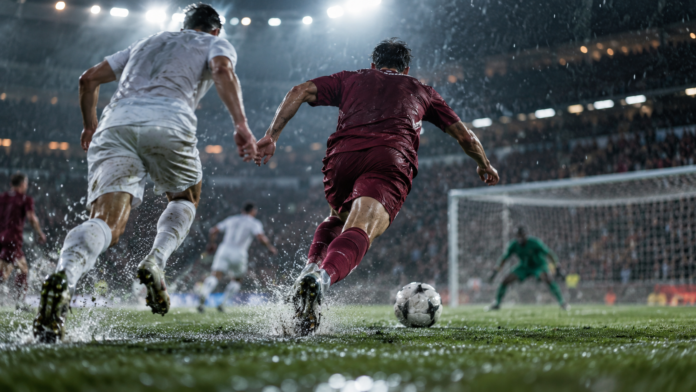 Illustration éditoriale neutre d’une attaque de football sous la pluie