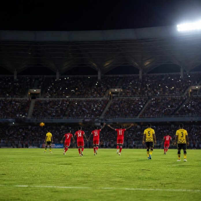 Stade de football en Tanzanie illuminé, joueurs de Simba et Young Africans en action, ambiance tendue du derby