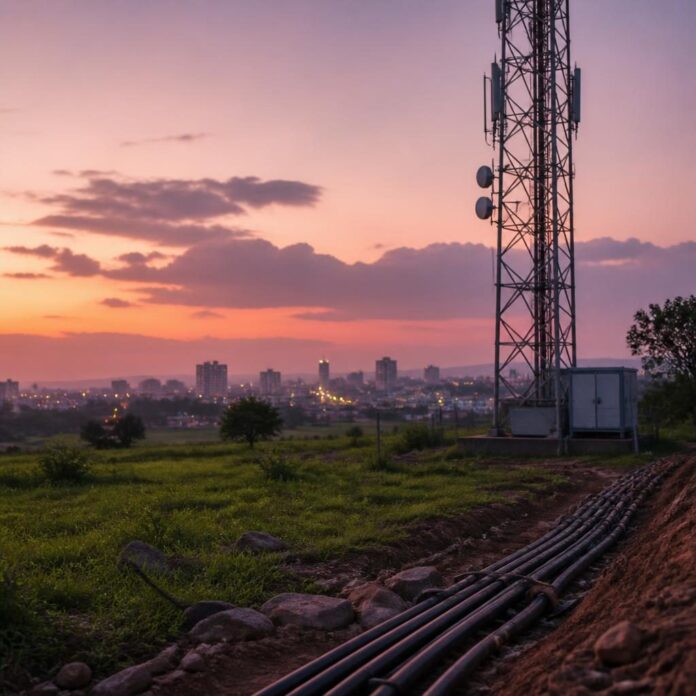 Pylônes télécoms et câbles de fibre optique dans un paysage urbain et rural congolais