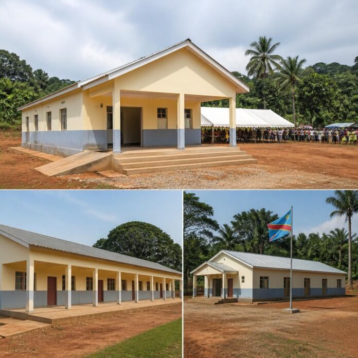 Bâtiments scolaires et centre de santé construits dans le cadre du PDL-145T, lors de leur remise aux communautés de Songololo