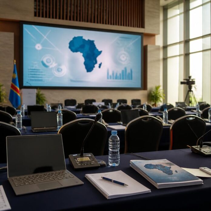 Salle de conférence avec écran affichant une carte de l'Afrique, plusieurs chaises, bouteilles d'eau, ordinateurs portables et documents