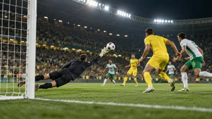 Action de football devant le but lors d'un match de Liga