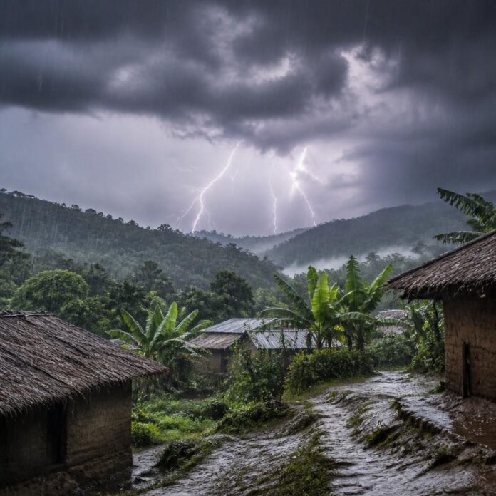Village rural sous un ciel d'orage avec éclairs et pluie battante, huttes et arbres exposés au Nord-Kivu
