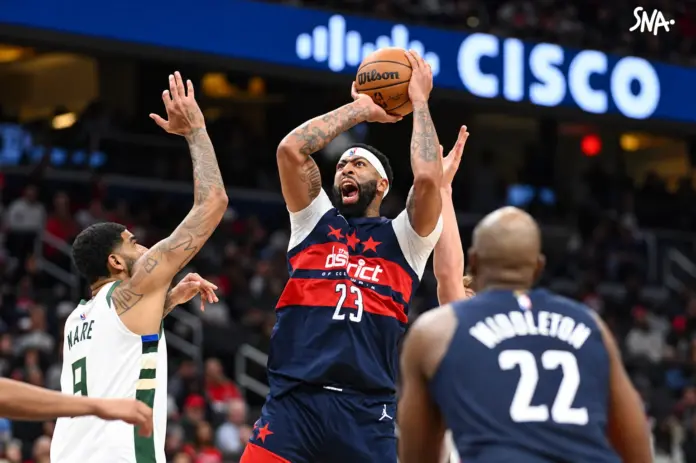 Illustration editoriale accompagnant : Washington renverse Milwaukee, Davis débute avec 34 points